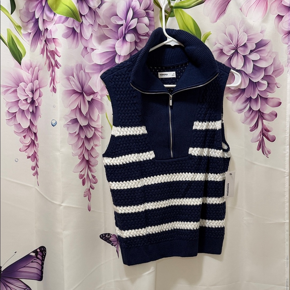 Sonoma Navy and White Striped Women's Cowl Neck Sweater
